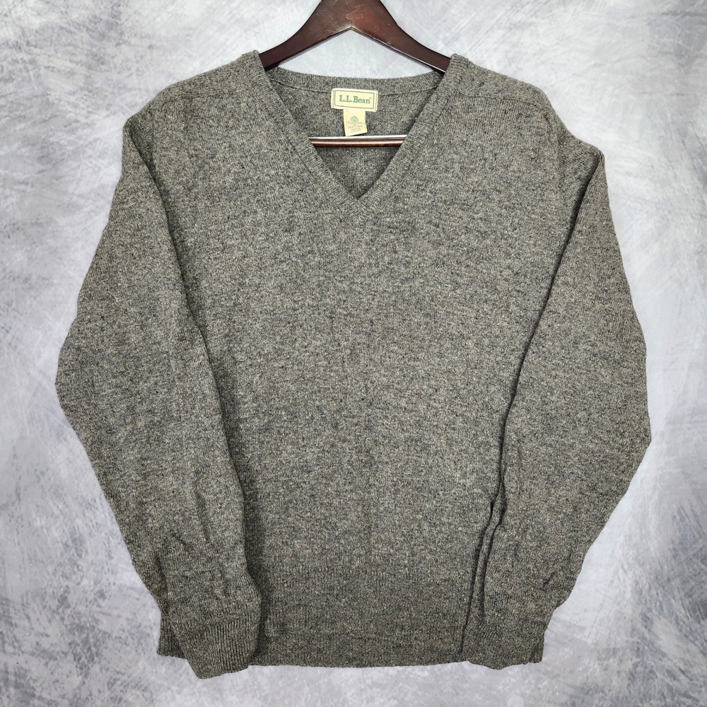 Vintage 80s LL Bean 100% Lambswool Sweater Mens L Gray Made in Scotland V Neck